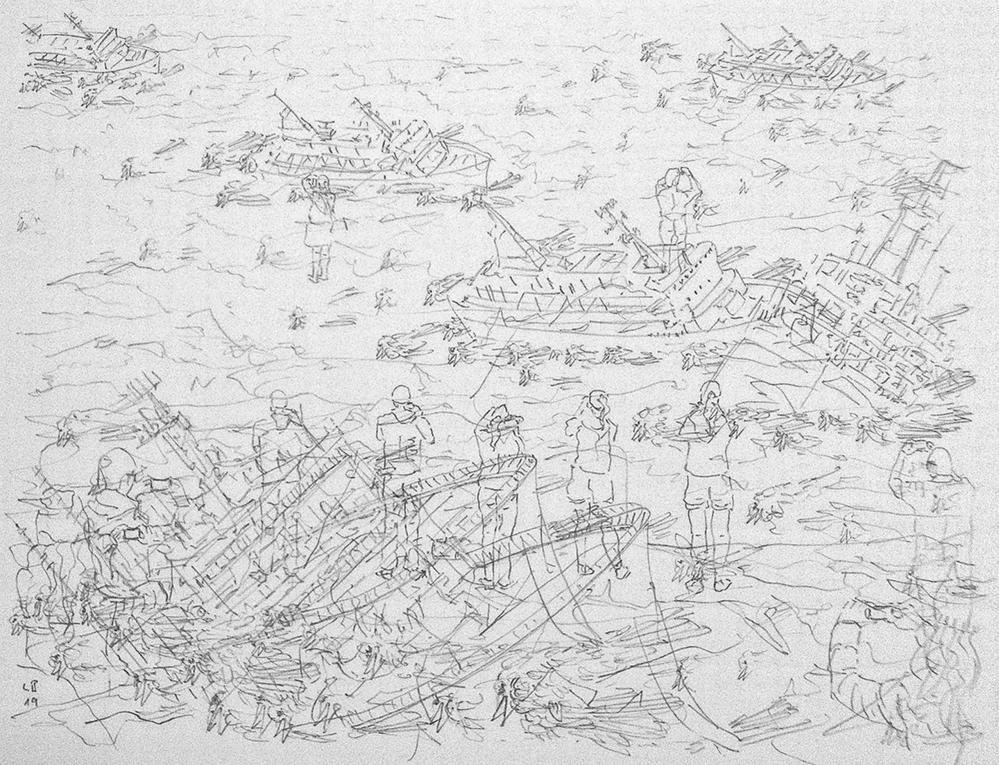 © Leo Brunschwiler, sinkende Schiffe, tote Rotschwänzchen und Touristen, Bleistift auf Polyesterfolie, 28 cm x 35 cm , 2019